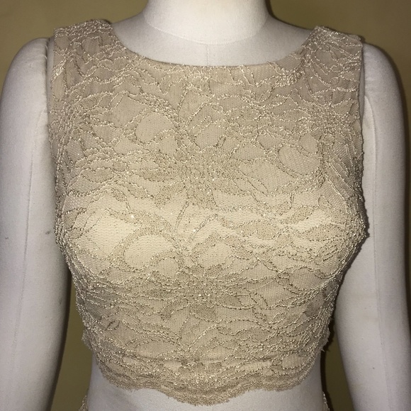 City Studio Sexy 2PC Tan Gold Metallic Floral Lace Skirt & Tank Top Set - Picture 2 of 7